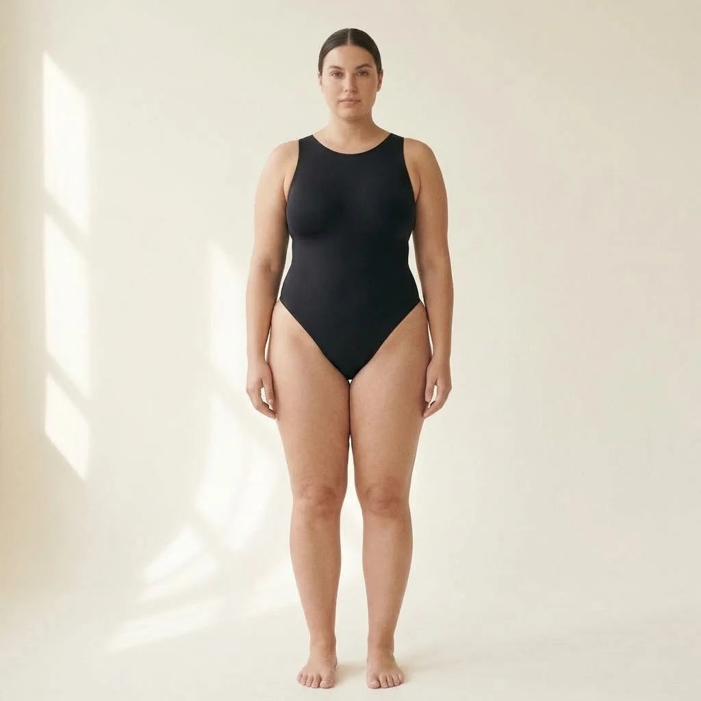 Body reductor sin costuras negro, vista frontal completa, corte tanga