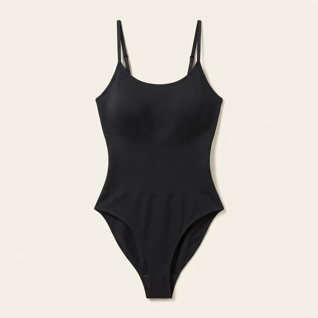Body reductor sin costuras negro, prenda sola sobre fondo marfil