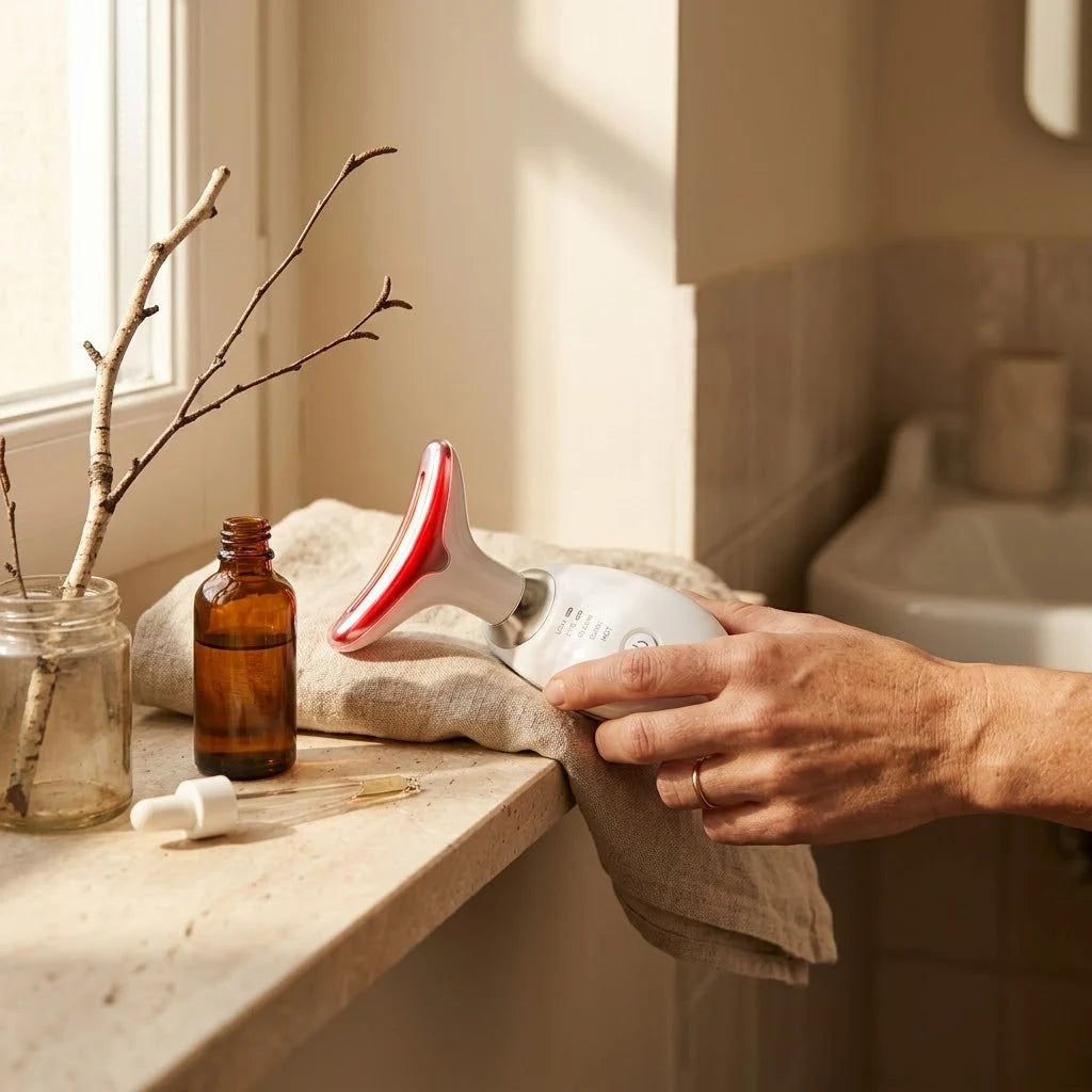 El masajeador sobre la repisa del baño junto a un sérum y una toalla