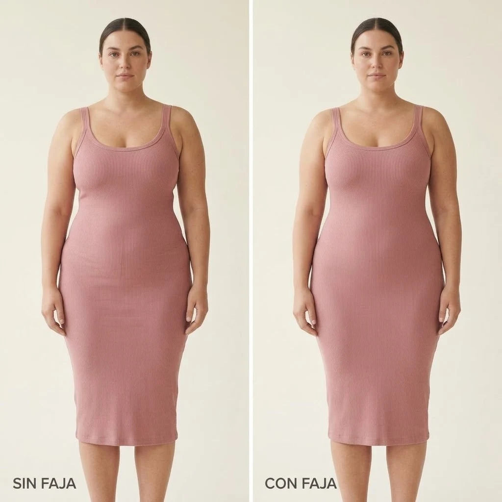 Comparación sin faja y con faja bajo el mismo vestido rosa