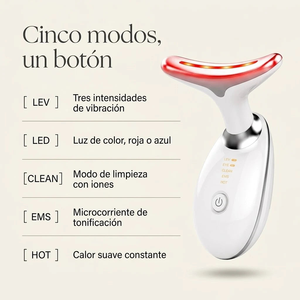 Los cinco modos del masajeador: LEV, LED, CLEAN, EMS y HOT