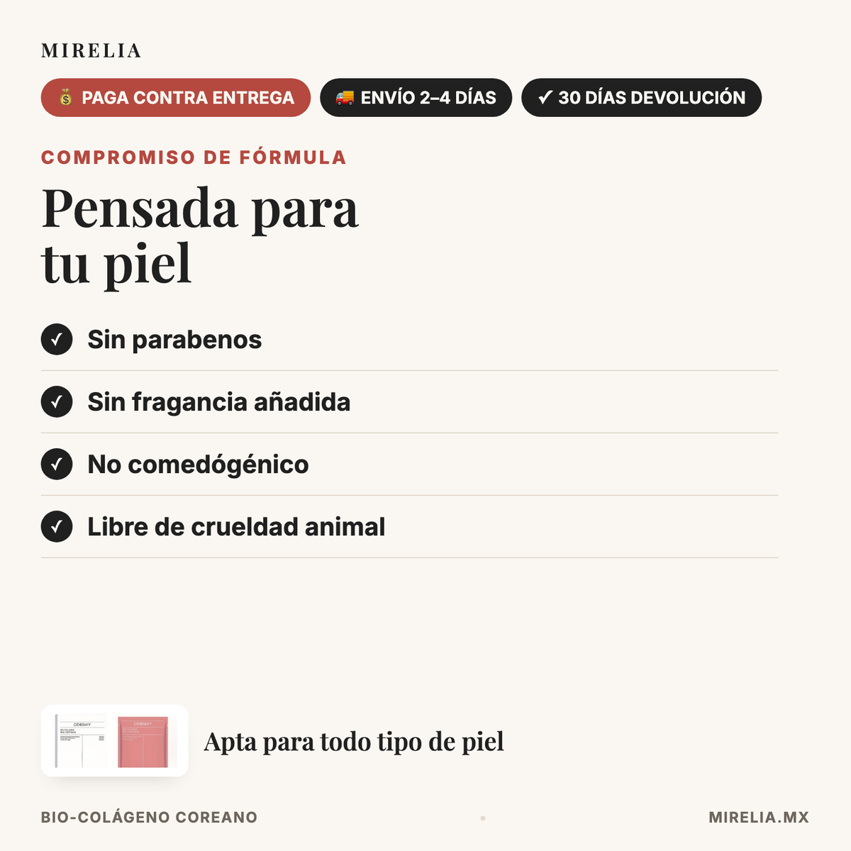 Mirelia Bio-Colageno - compromiso de formula, apta para todo tipo de piel