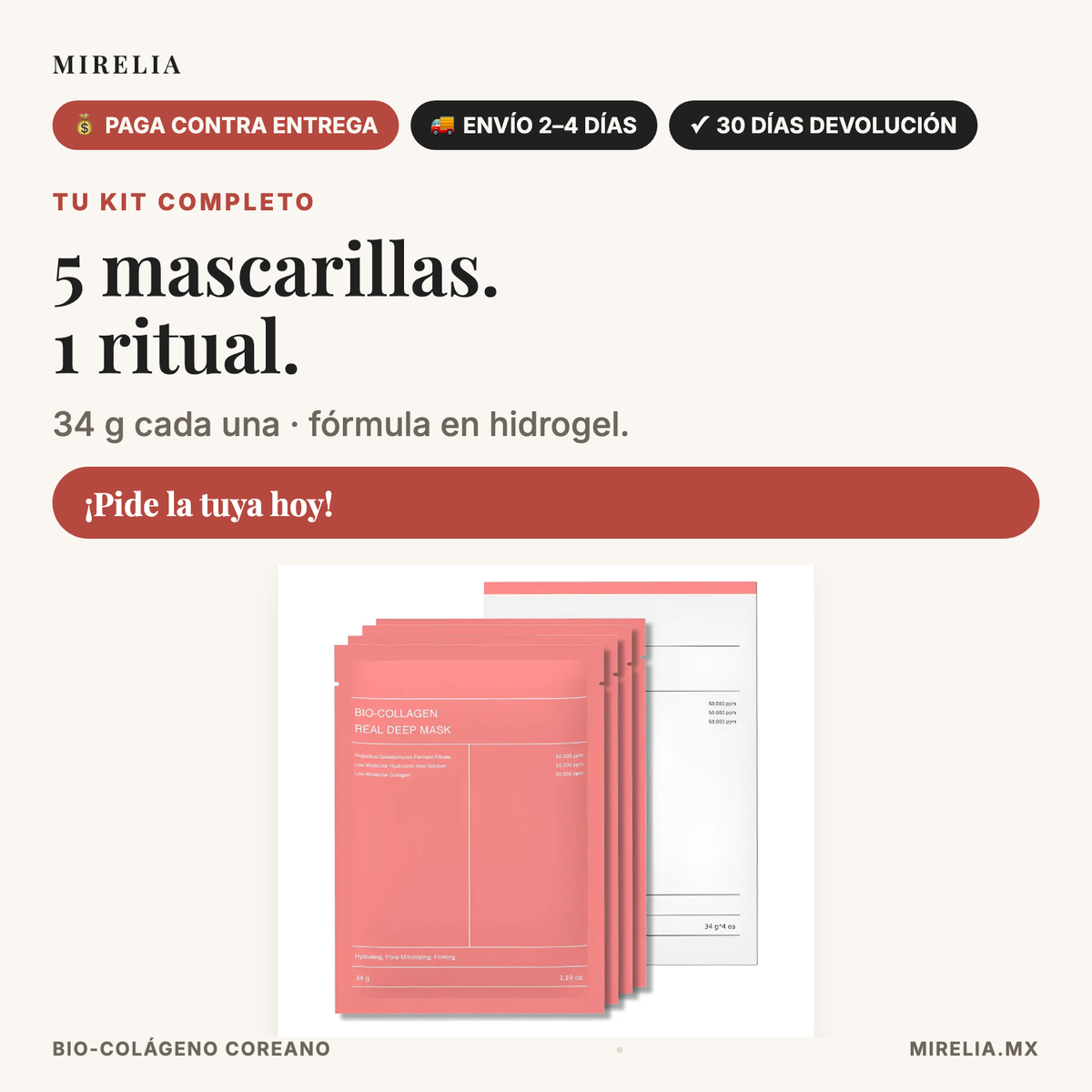 Mirelia Bio-Colageno - kit de 5 mascarillas, pide la tuya hoy